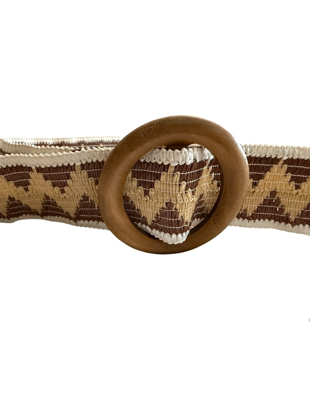 Brown and Beige Woven Belt with Wooden Buckle